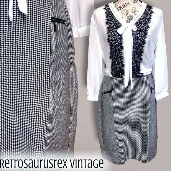 Vintage Rockabilly Twee Houndstooth Elastic Stretch Pencil Skirt, Large - Picture 1 of 6